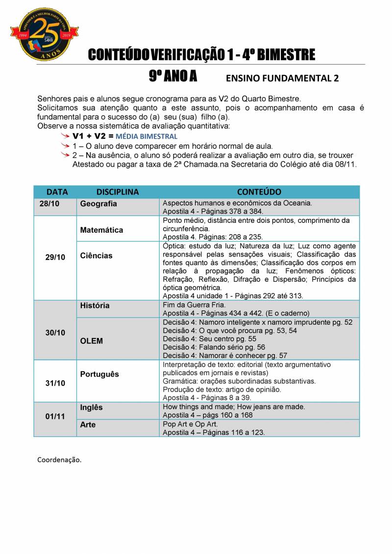 Cronograma de Verificao 1 - 9 Ano - Matutino - 4 Bimestre 2019