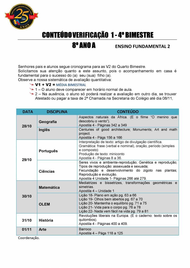 Cronograma de Verificao 1 - 8 Ano - Matutino - 4 Bimestre 2019