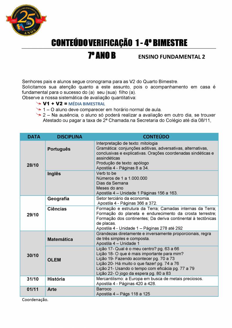 Cronograma de Verificao 1 - 7 Ano - Vespertino - 4 Bimestre 2019