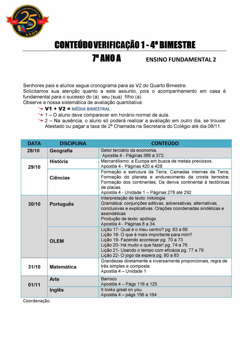 Cronograma de Verificao 1 - 7 Ano - Matutino - 4 Bimestre 2019