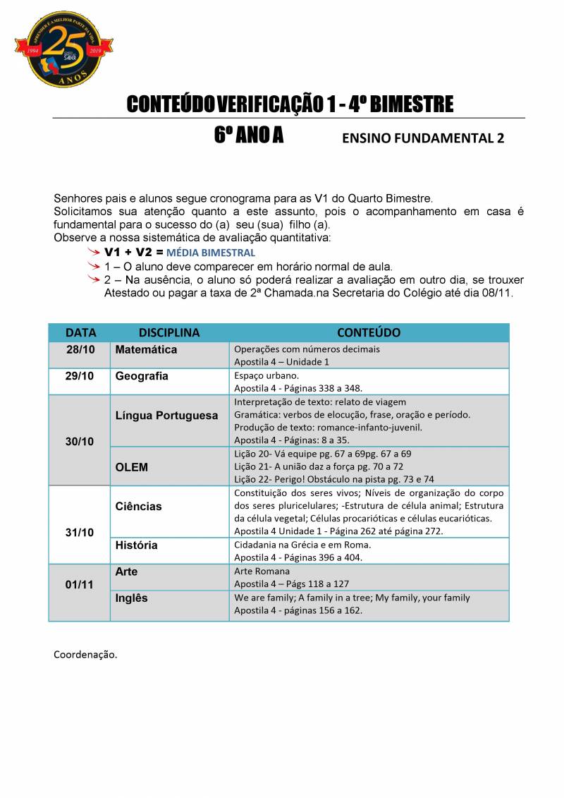 Cronograma de Verificao 1 - 6 Ano - Matutino - 4 Bimestre 2019