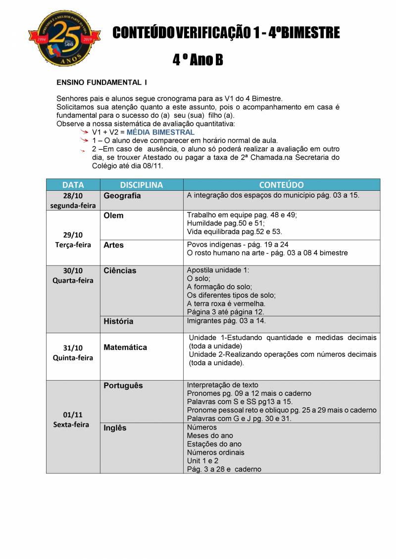 Cronograma de Verificao 1 - 4 Ano - Vespertino - 4 Bimestre 2019