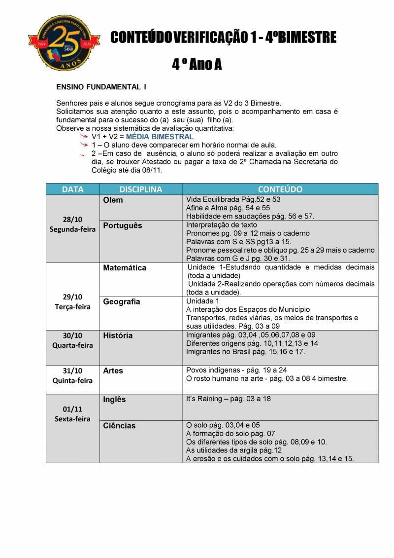 Cronograma de Verificao 1 - 4 Ano - Matutino - 4 Bimestre 2019