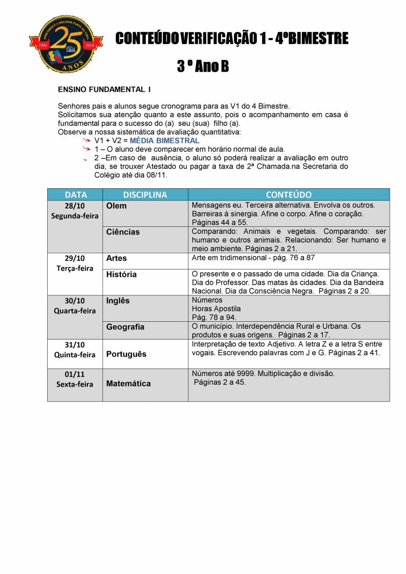 Cronograma de Verificao 1 - 3 Ano - Vespertino - 4 Bimestre 2019