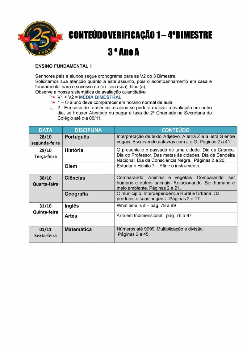 Cronograma de Verificao 1 - 3 Ano - Matutino - 4 Bimestre 2019