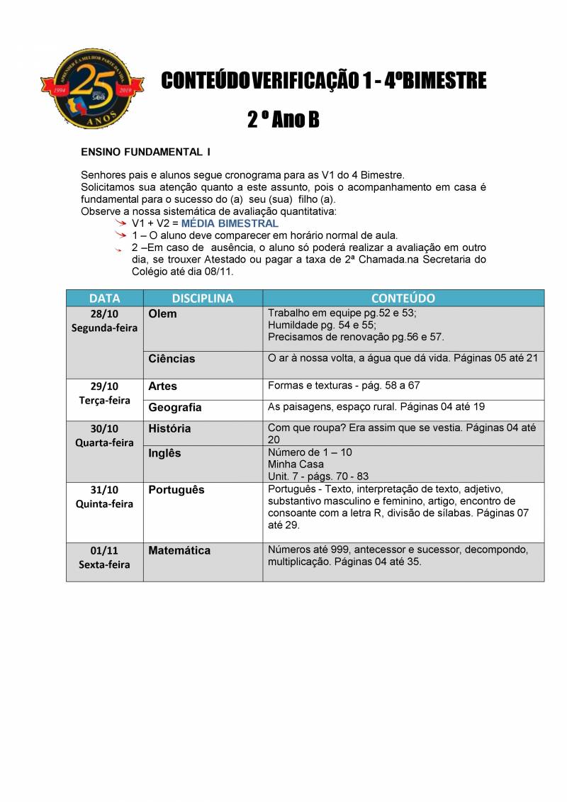 Cronograma de Verificao 1 - 2 Ano - Vespertino - 4 Bimestre 2019