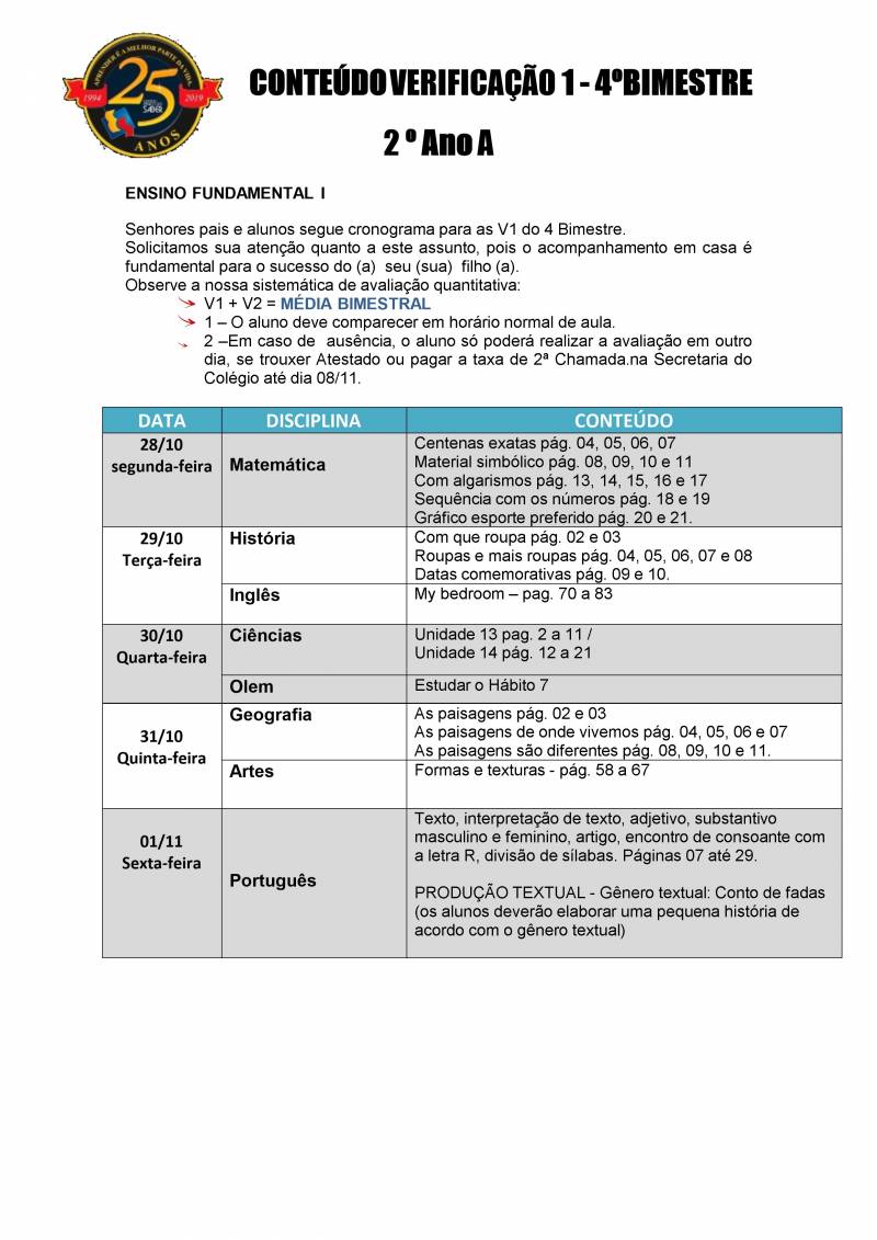 Cronograma de Verificao 1 - 2 Ano - Matutino - 4 Bimestre 2019