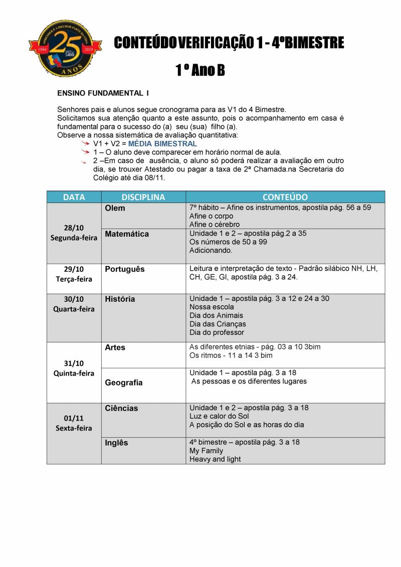 Cronograma de Verificao 1 - 1 Ano - Vespertino - 4 Bimestre 2019