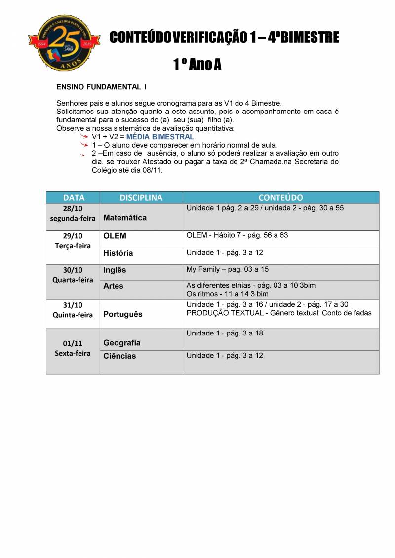 Cronograma de Verificao 1 - 1 Ano - Matutino - 4 Bimestre 2019