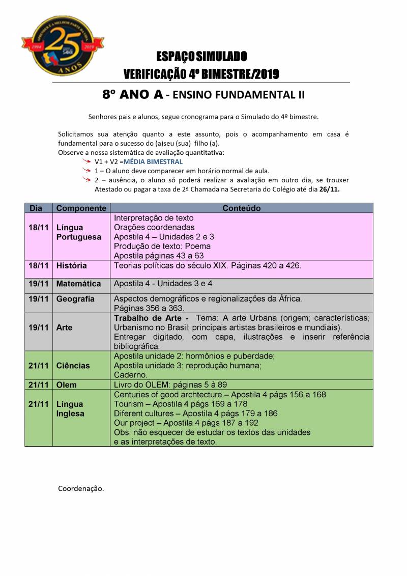 Cronograma de Verificao 2 - 8 Ano - Matutino - 4 Bimestre 2019