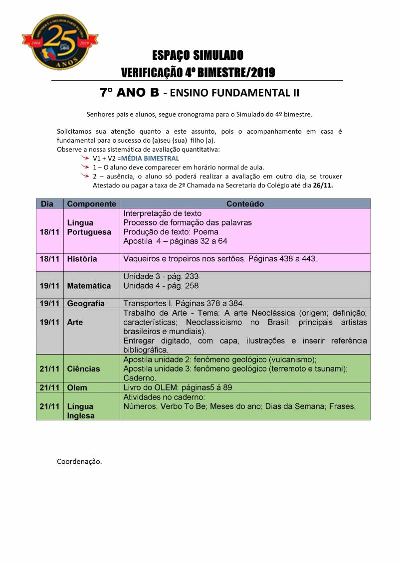 Cronograma de Verificao 2 - 7 Ano - Vespertino - 4 Bimestre 2019