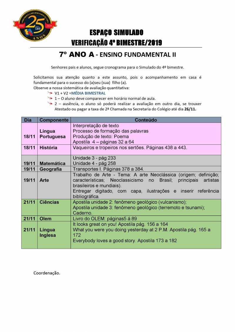 Cronograma de Verificao 2 - 7 Ano - Matutino - 4 Bimestre 2019