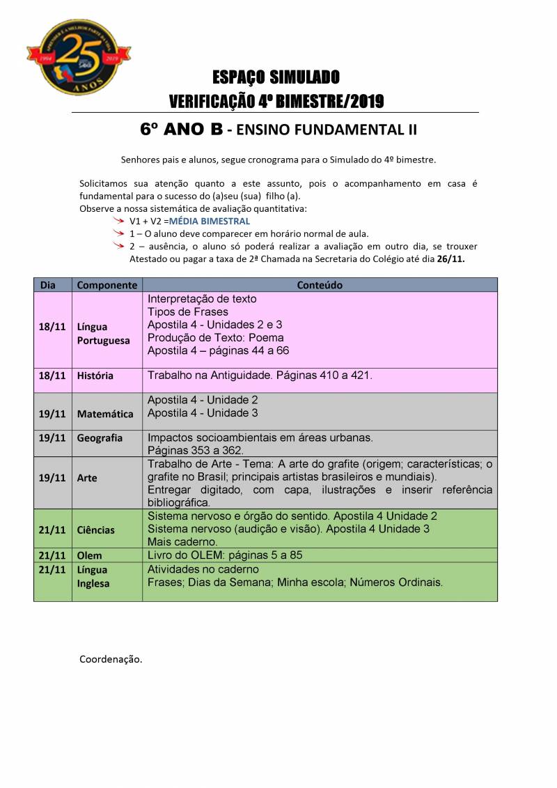 Cronograma de Verificao 2 - 6 Ano - Vespertino - 4 Bimestre 2019