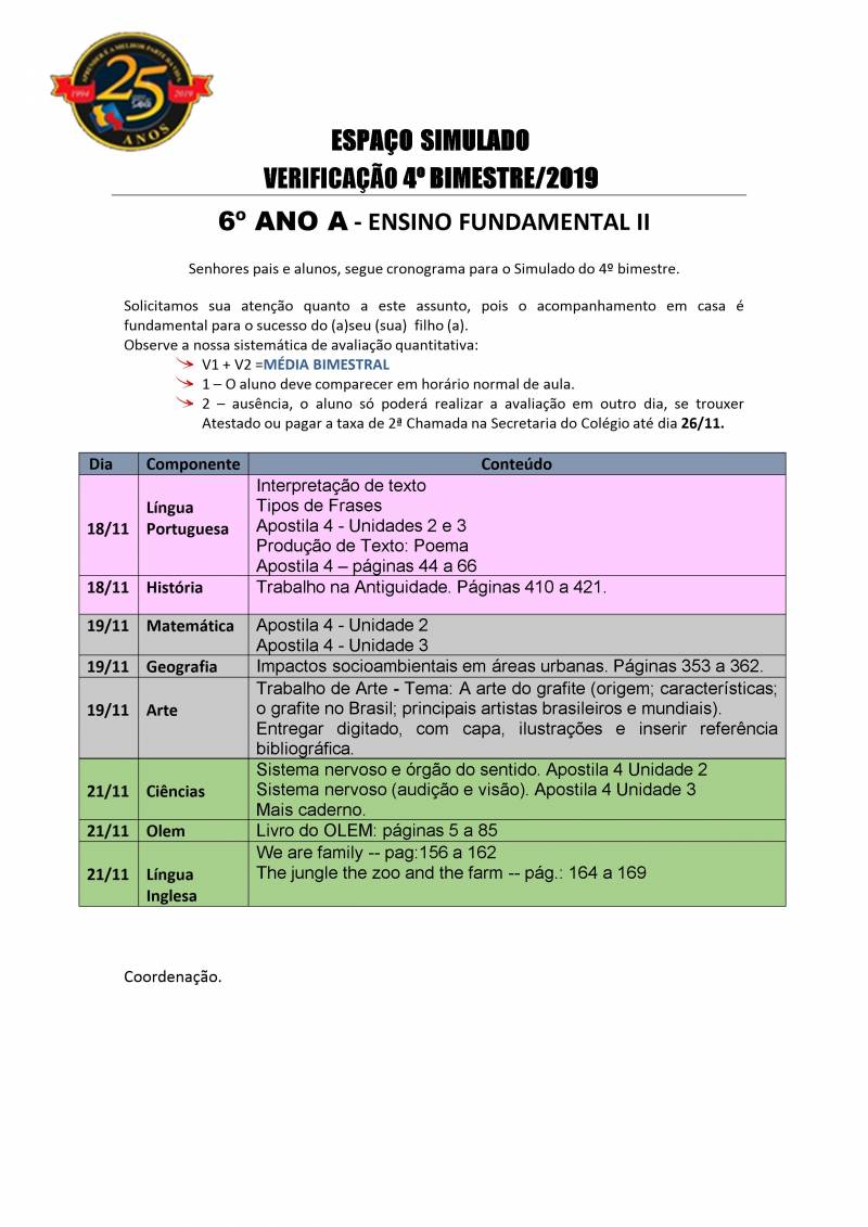 Cronograma de Verificao 2 - 6 Ano - Matutino - 4 Bimestre 2019