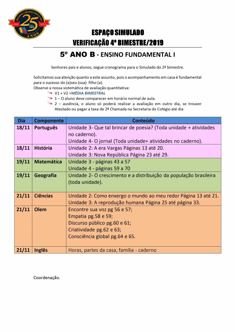 Cronograma de Verificao 2 - 5 Ano - Vespertino - 4 Bimestre 2019