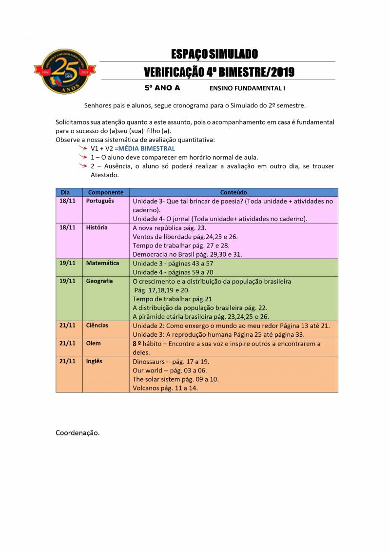 Cronograma de Verificao 2 - 5 Ano - Matutino - 4 Bimestre 2019