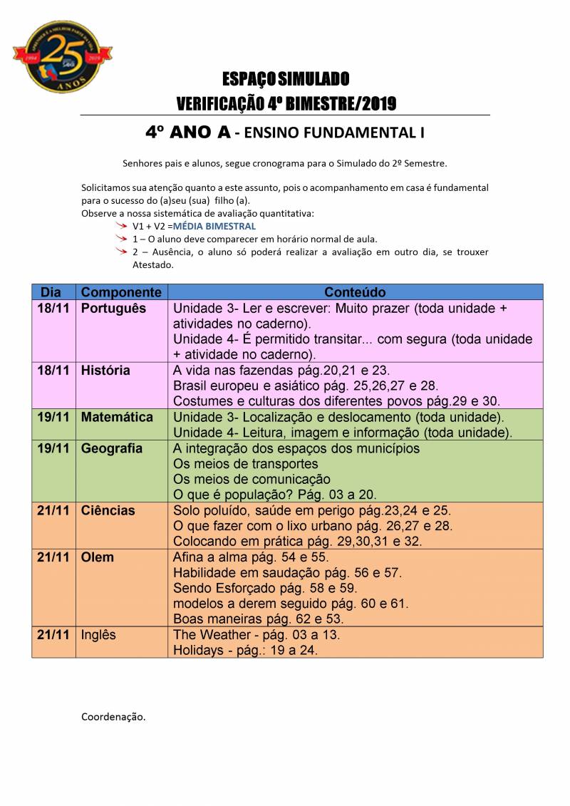 Cronograma de Verificao 2 - 4 Ano - Matutino - 4 Bimestre 2019