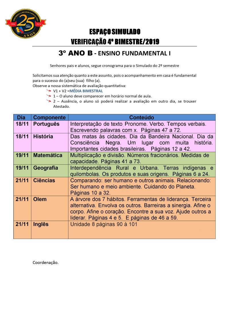 Cronograma de Verificao 2 - 3 Ano - Vespertino - 4 Bimestre 2019