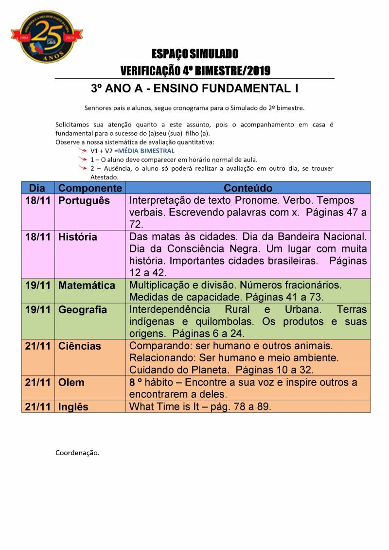 Cronograma de Verificao 2 - 3 Ano - Matutino - 4 Bimestre 2019