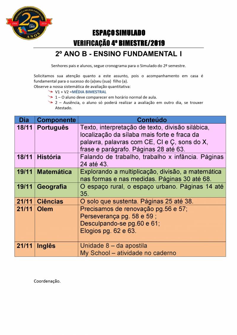 Cronograma de Verificao 2 - 2 Ano - Vespertino - 4 Bimestre 2019