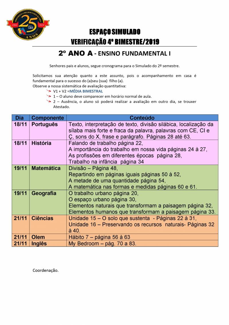 Cronograma de Verificao 2 - 2 Ano - Matutino - 4 Bimestre 2019