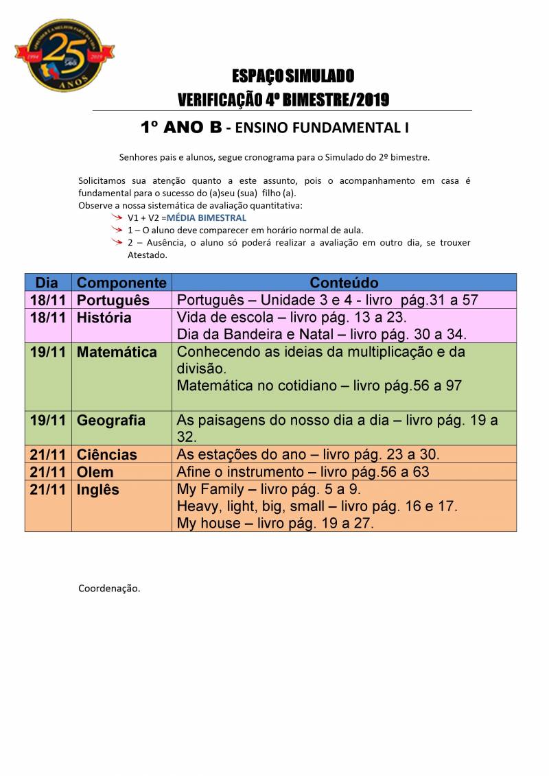 Cronograma de Verificao 2 - 1 Ano - Vespertino - 4 Bimestre 2019