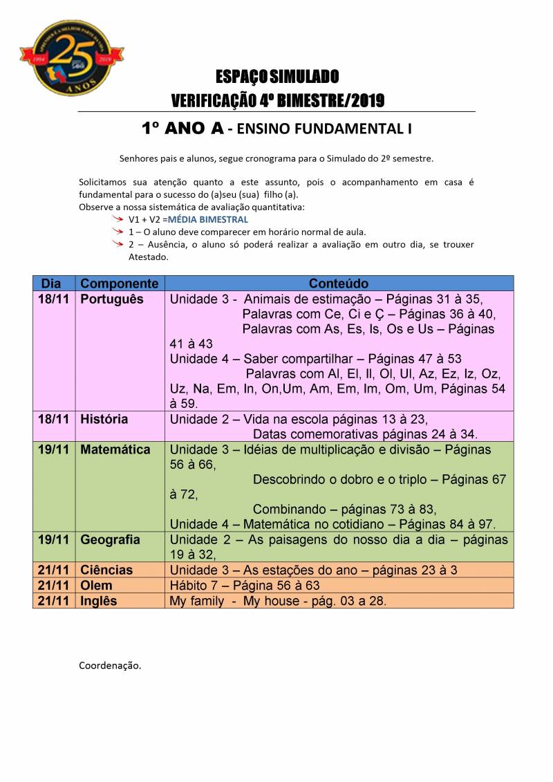 Cronograma de Verificao 2 - 1 Ano - Matutino - 4 Bimestre 2019