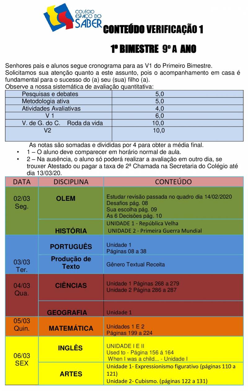 Cronograma de Verificao 1 - 9 Ano - Matutino - 1 Bimestre 2020