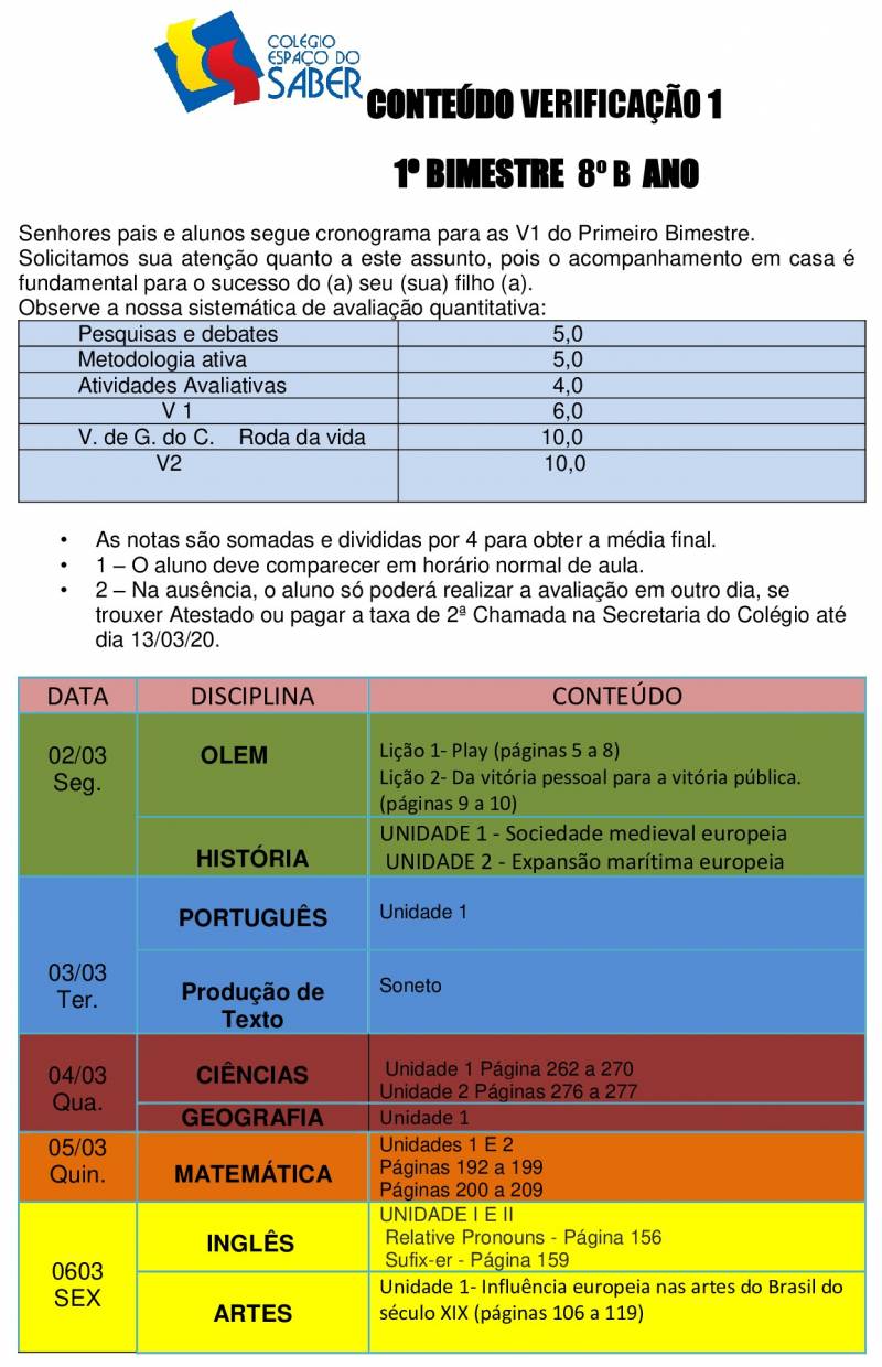 Cronograma de Verificao 1 - 8 Ano - Vespertino - 1 Bimestre 2020