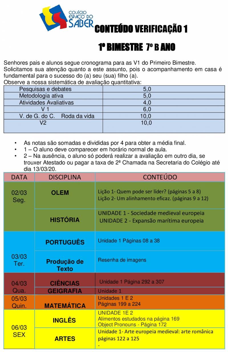 Cronograma de Verificao 1 - 7 Ano - Vespertino - 1 Bimestre 2020