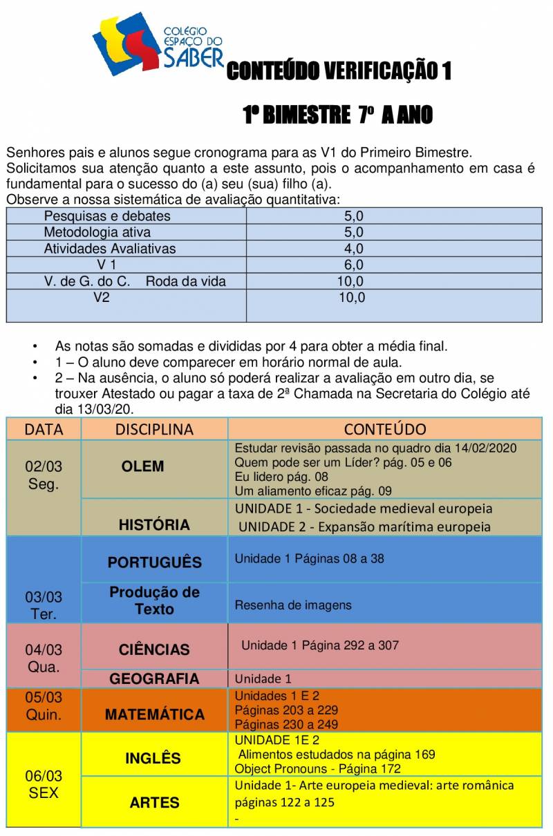 Cronograma de Verificao 1 - 7 Ano - Matutino - 1 Bimestre 2020