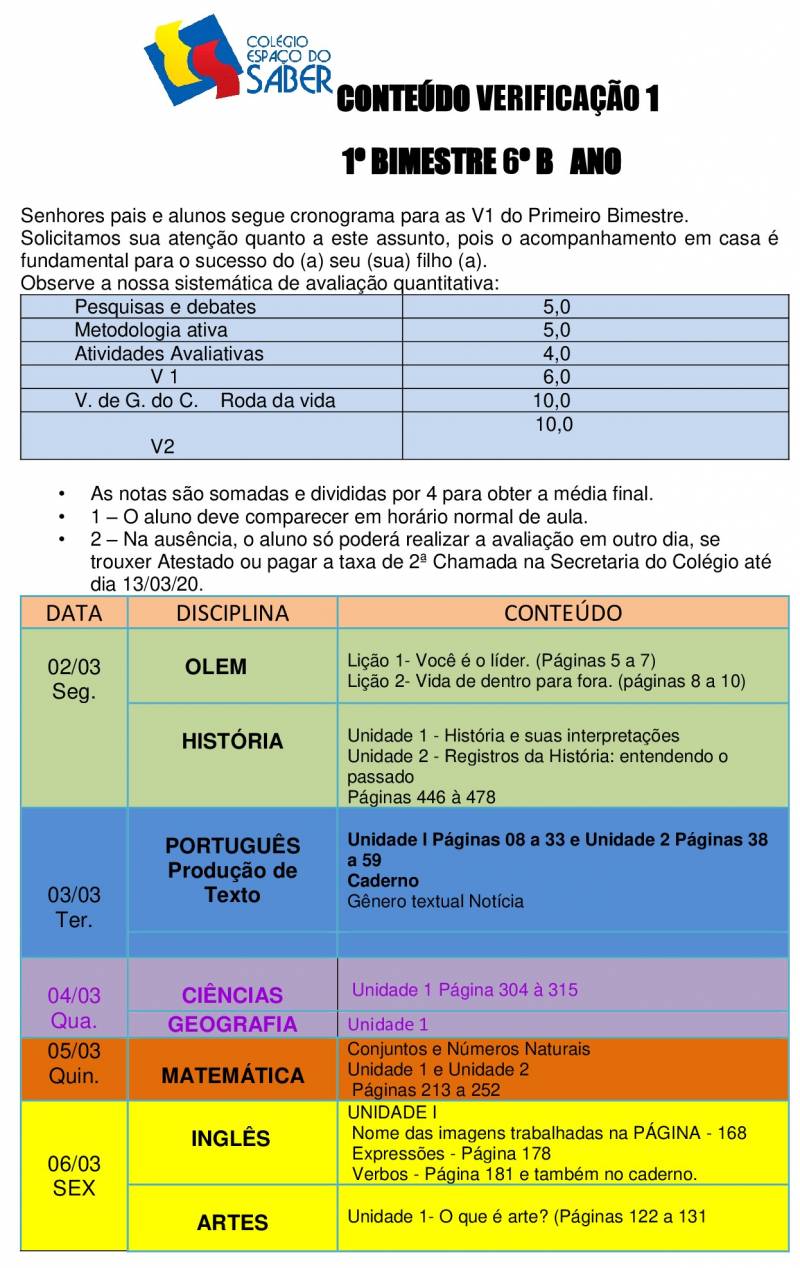 Cronograma de Verificao 1 - 6 Ano - Vespertino - 1 Bimestre 2020