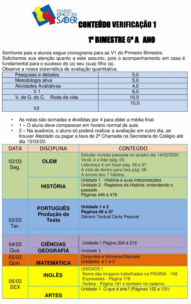 Cronograma de Verificao 1 - 6 Ano - Matutino - 1 Bimestre 2020