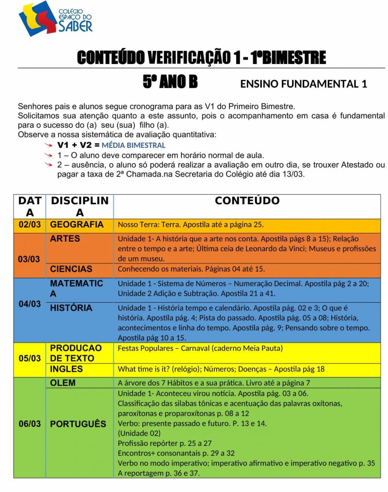 Cronograma de Verificao 1 - 5 Ano - Vespertino - 1 Bimestre 2020