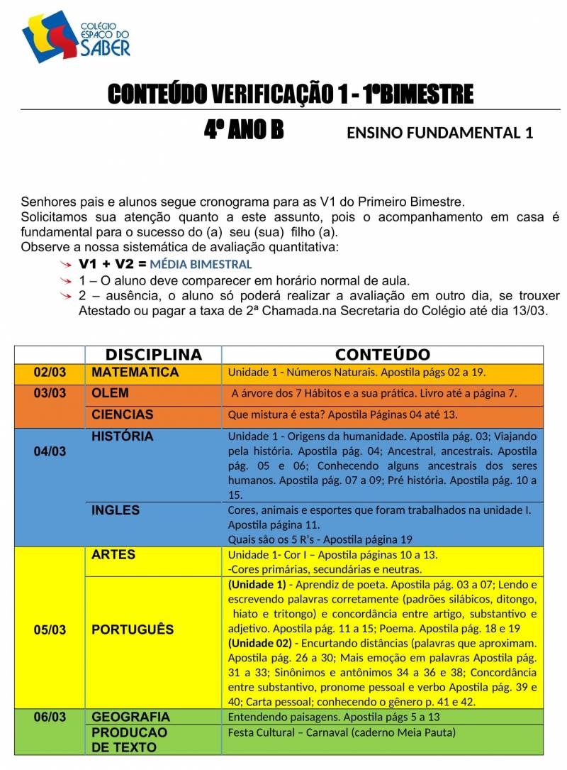 Cronograma de Verificao 1 - 4 Ano - Vespertino - 1 Bimestre 2020