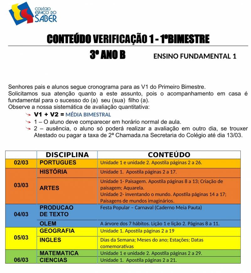Cronograma de Verificao 1 - 3 Ano - Vespertino - 1 Bimestre 2020