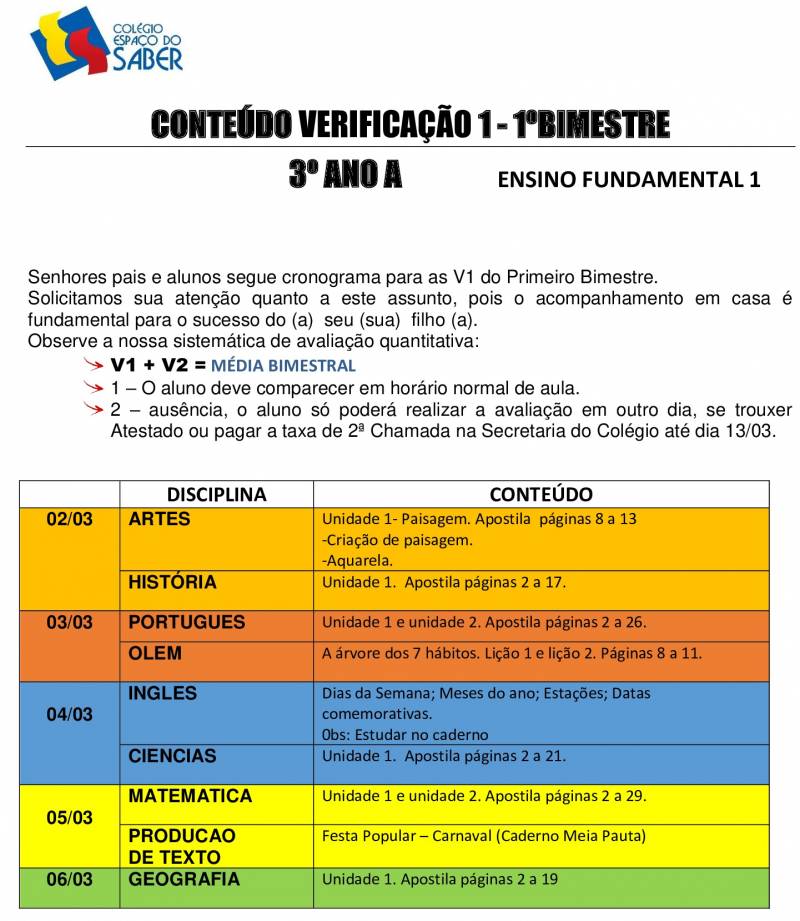 Cronograma de Verificao 1 - 3 Ano - Matutino - 1 Bimestre 2020