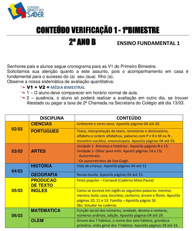 Cronograma de Verificao 1 - 2 Ano - Vespertino - 1 Bimestre 2020