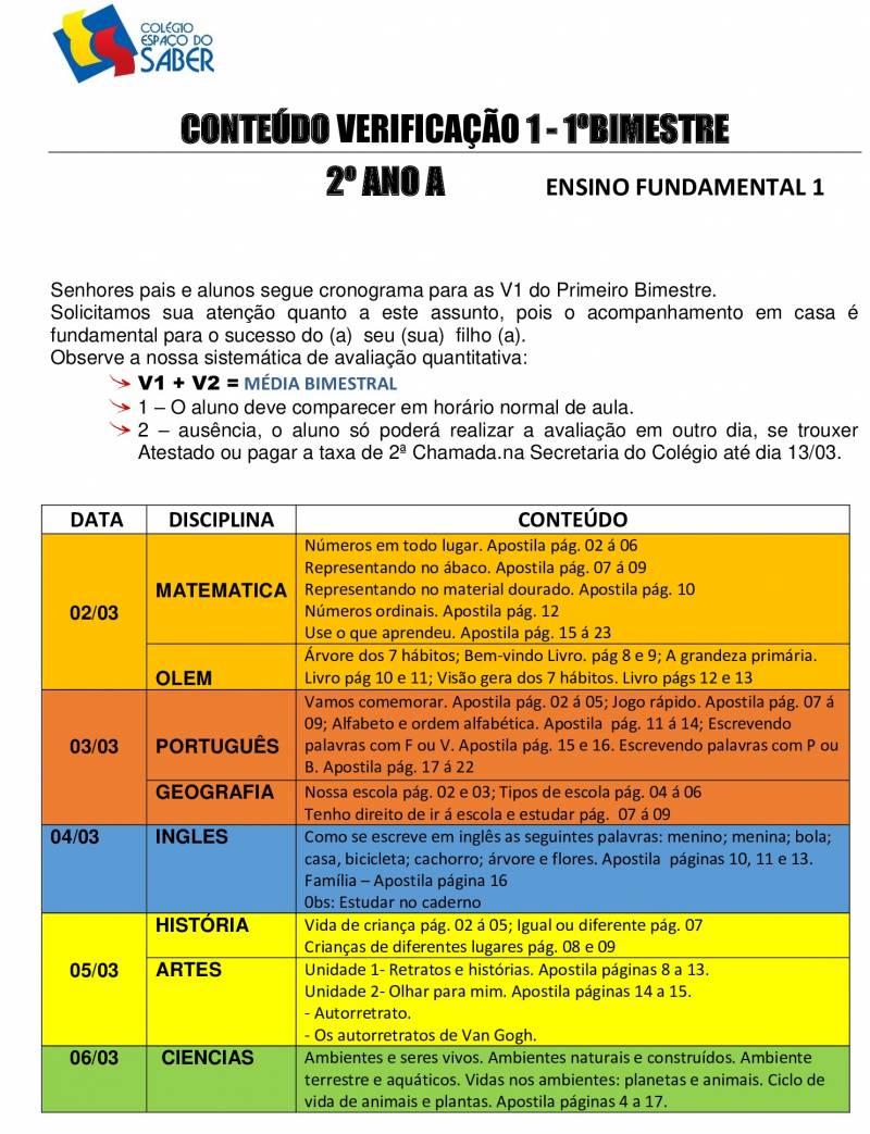 Cronograma de Verificao 1 - 2 Ano - Matutino - 1 Bimestre 2020
