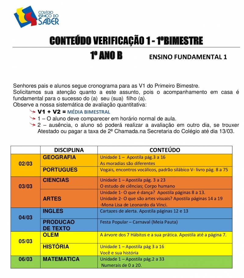 Cronograma de Verificao 1 - 1 Ano - Vespertino - 1 Bimestre 2020