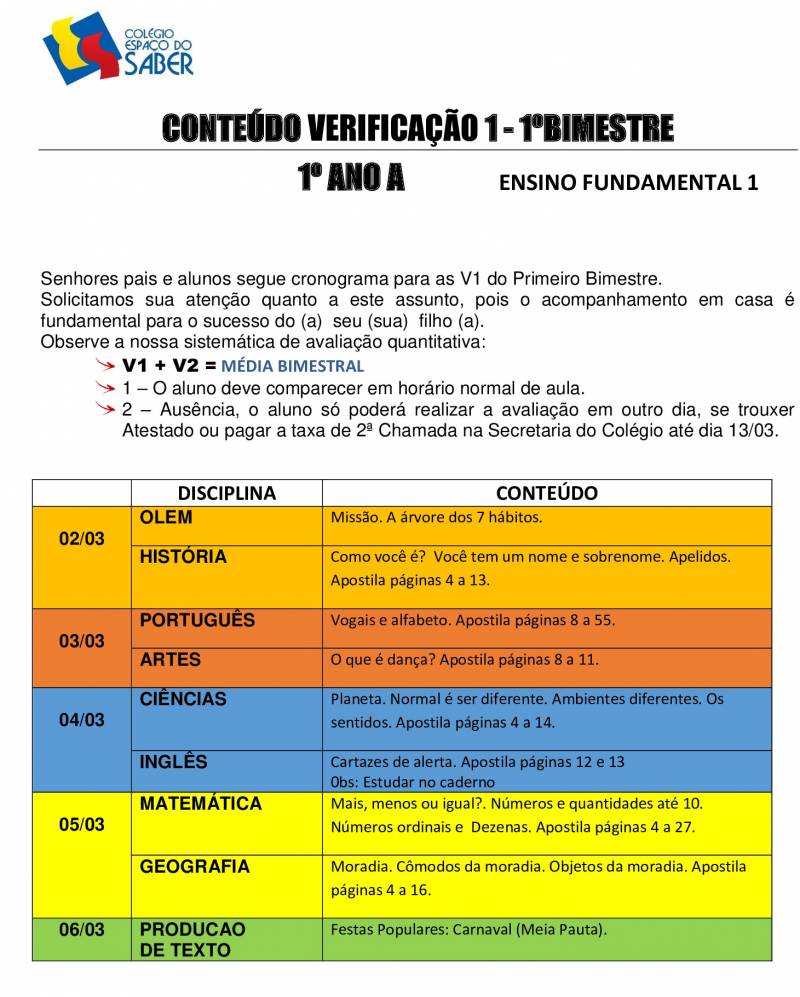 Cronograma de Verificao 1 - 1 Ano - Matutino - 1 Bimestre 2020