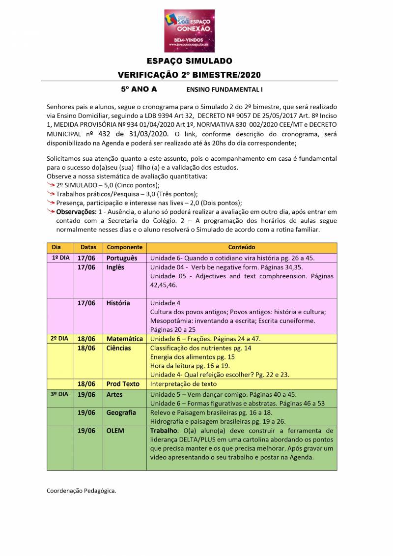 Cronograma de Verificao 2 - 5 Ano - Matutino - 2 Bimestre 2020