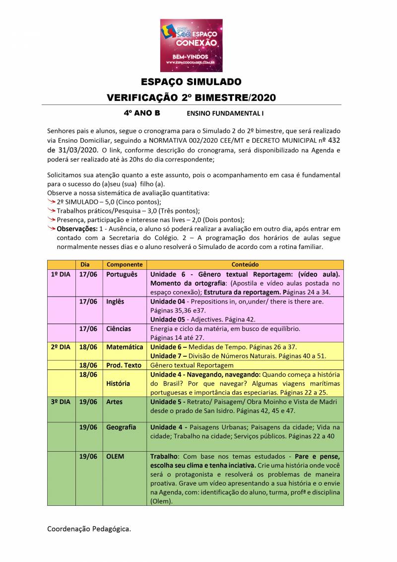 Cronograma de Verificao 2 - 4 Ano - Vespertino - 2 Bimestre 2020