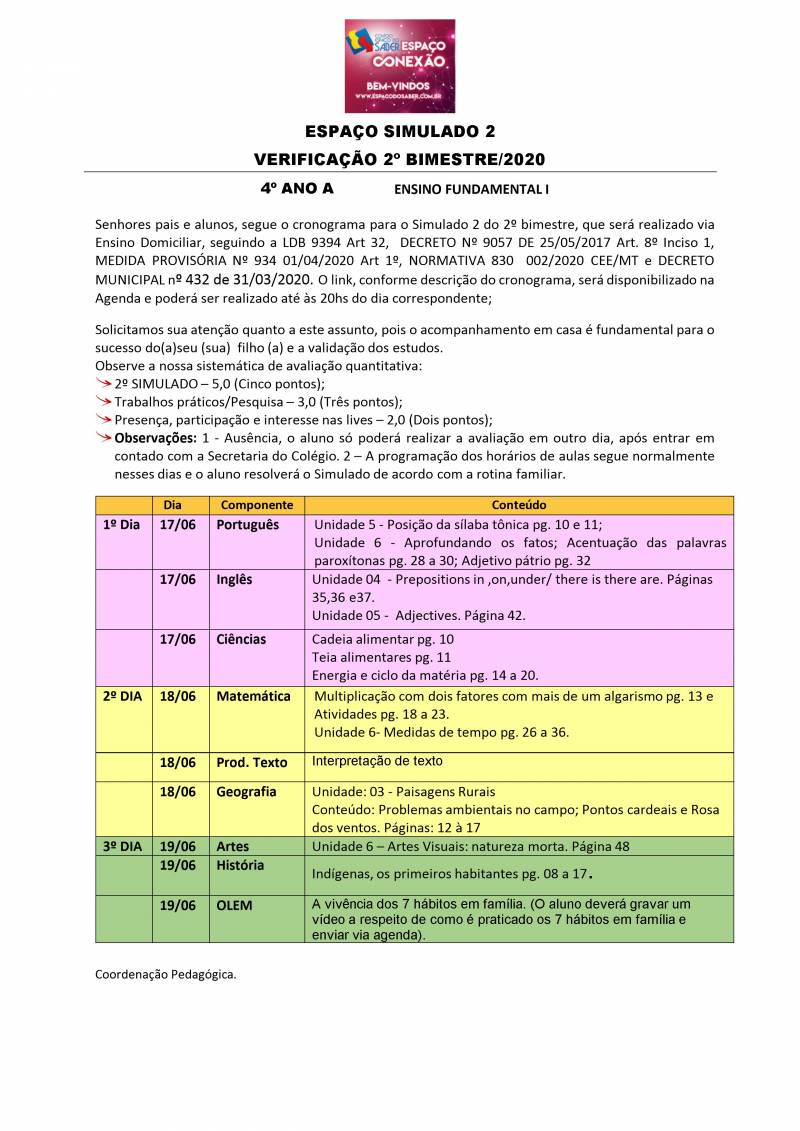 Cronograma de Verificao 2 - 4 Ano - Matutino - 2 Bimestre 2020
