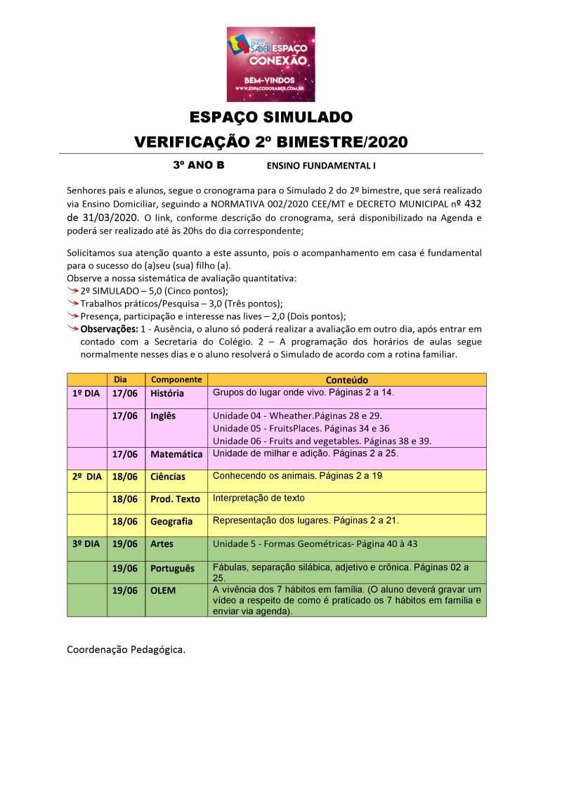 Cronograma de Verificao 2 - 3 Ano - Vespertino - 2 Bimestre 2020