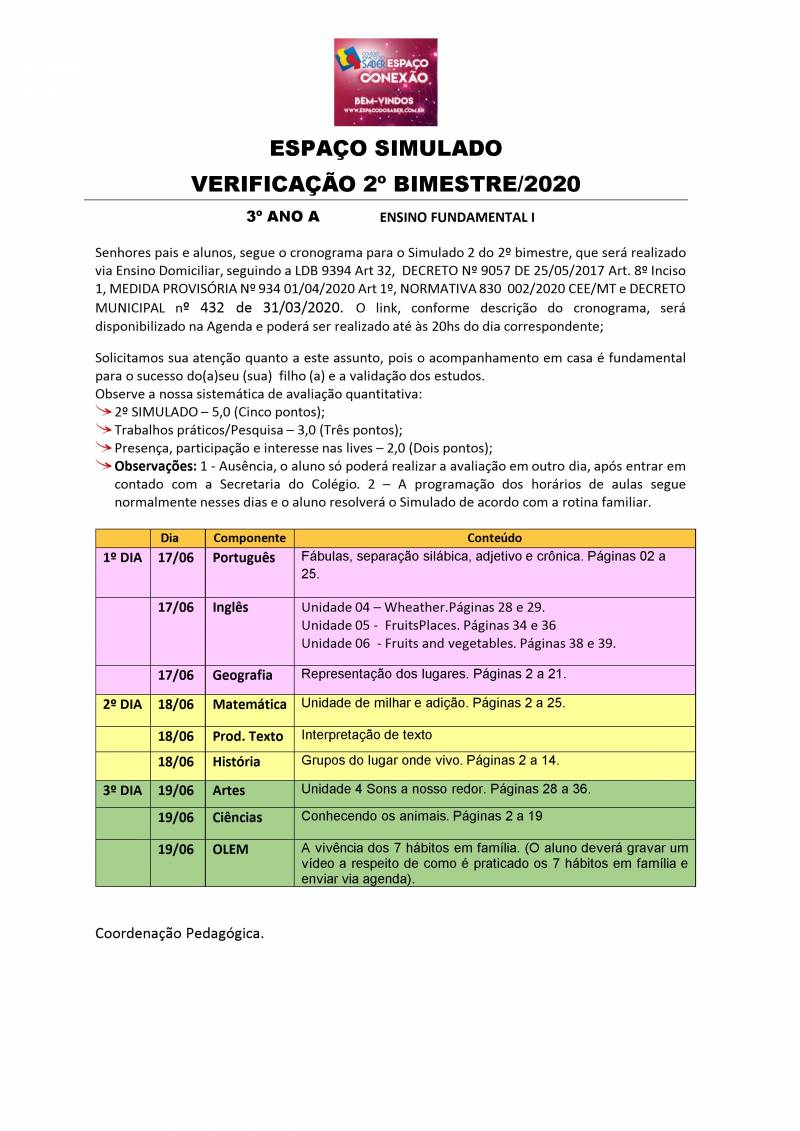 Cronograma de Verificao 2 - 3 Ano - Matutino - 2 Bimestre 2020