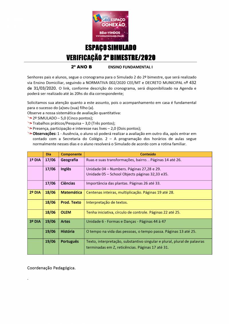 Cronograma de Verificao 2 - 2 Ano - Vespertino - 2 Bimestre 202