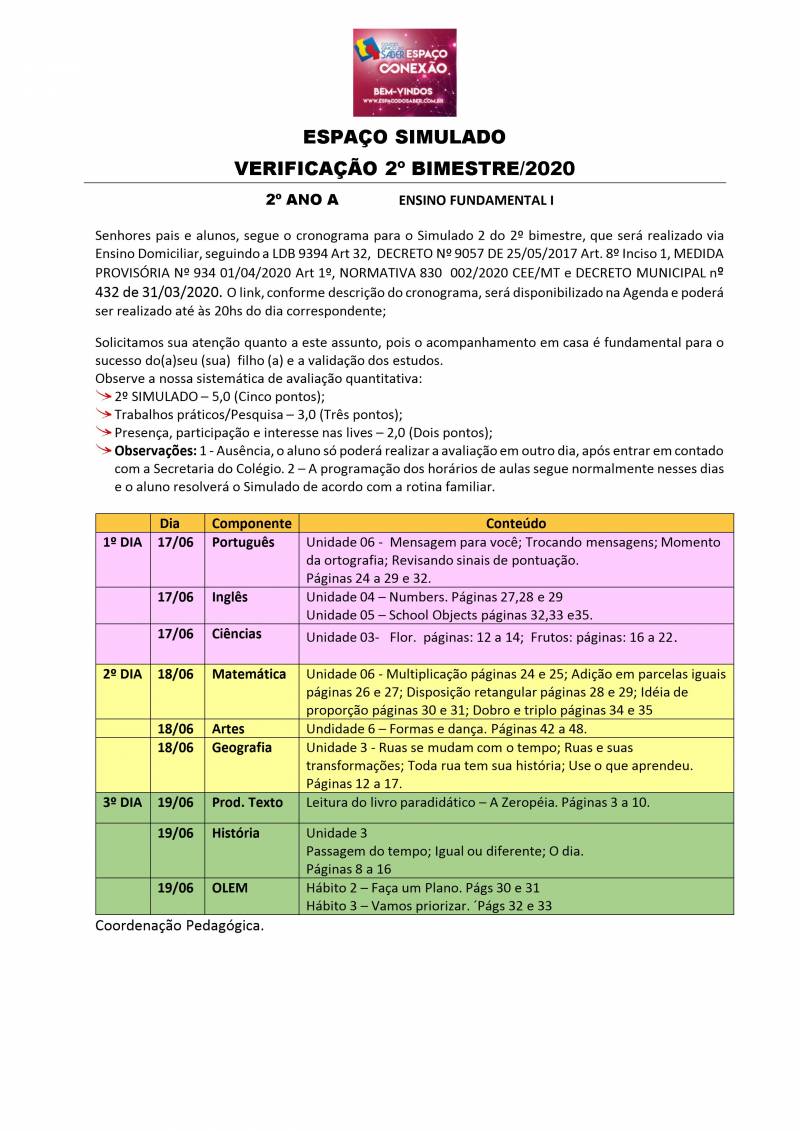 Cronograma de Verificao 2 - 2 Ano - Matutino - 2 Bimestre 202