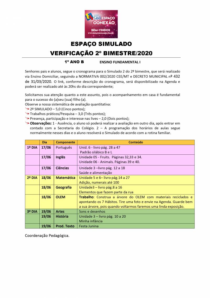 Cronograma de Verificao 2 - 1 Ano - Vespertino - 2 Bimestre 202