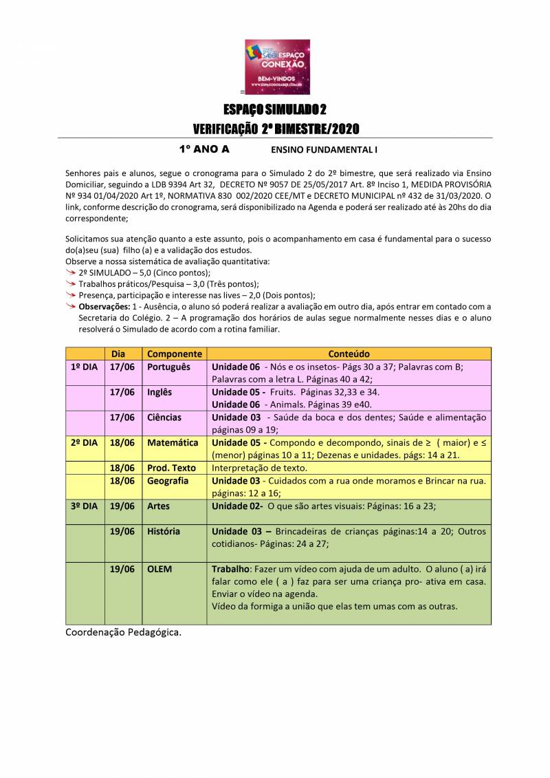 Cronograma de Verificao 2 - 1 Ano - Matutino - 2 Bimestre 202